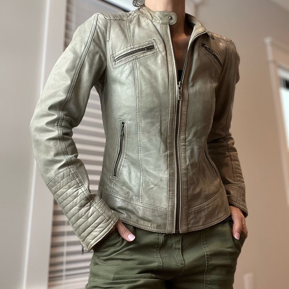 Goosecraft Leather Jacket 017 Pale Olive Green 94-2186543 Moto Blogger Trend - Picture 2 of 14